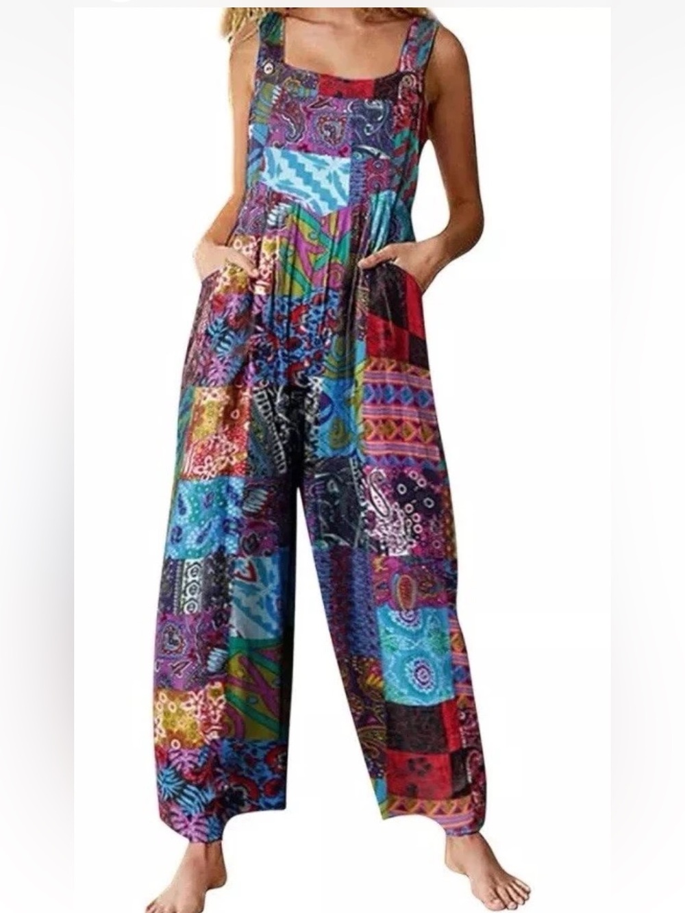 Himosyber Overalls Womens XXL Patchwork Print Boho Hippie Festival Pockets New
